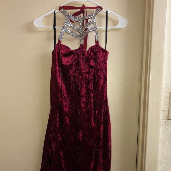 Dresses & Skirts - Crushed red velvet, studded halter top mini dress